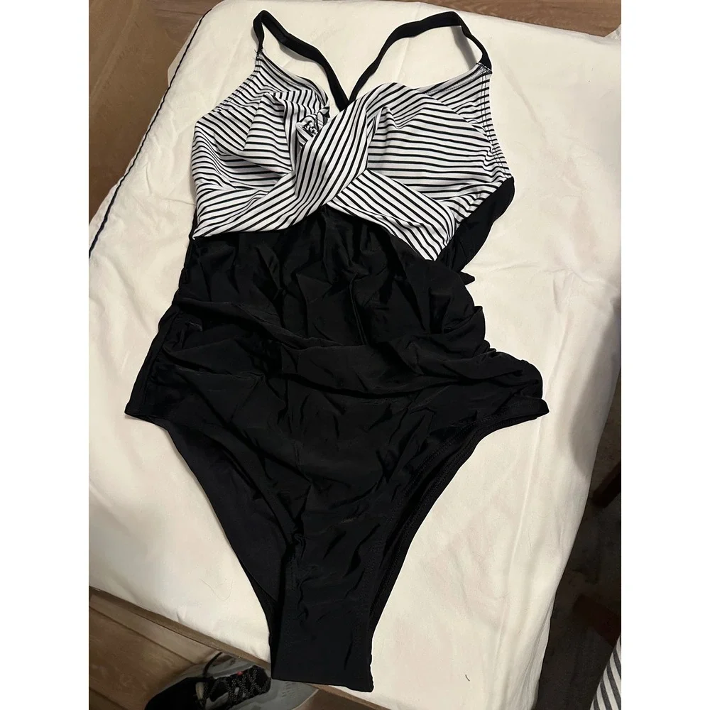 B2PRITY Womens One‎ Piece Swimsuit Black White Striped Tummy Control Size Medium